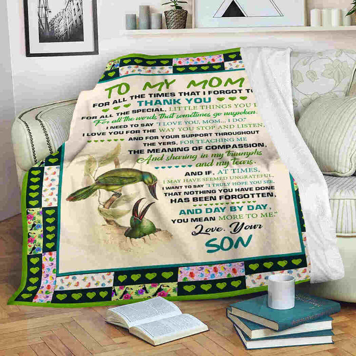 To My Mom Green Bird Love Mom Fleece Blanket Gift For Mom Mother's Day Gift Ideas