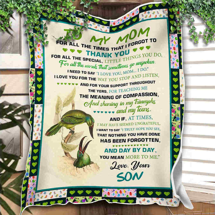 To My Mom Green Bird Love Mom Fleece Blanket Gift For Mom Mother's Day Gift Ideas