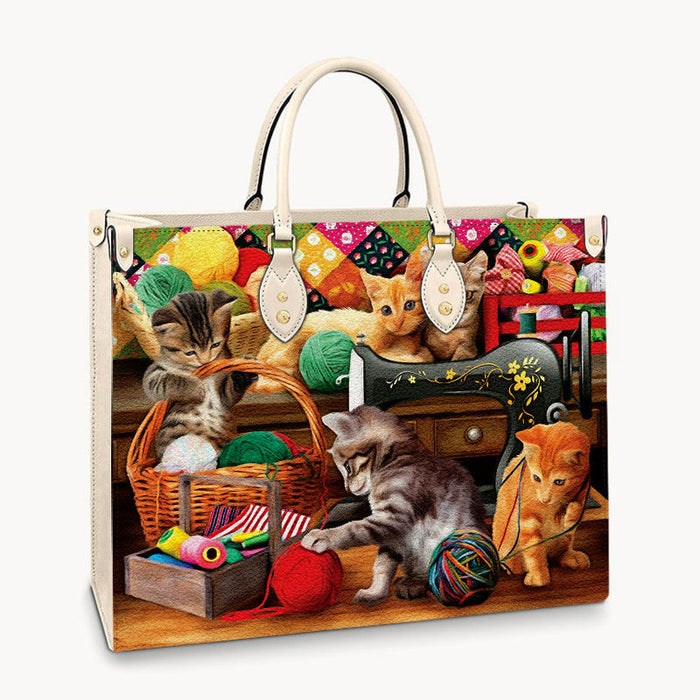 Knitted Ball Kitten Leather Handbag Gift For Mom Mother'S Day Gift Ideas