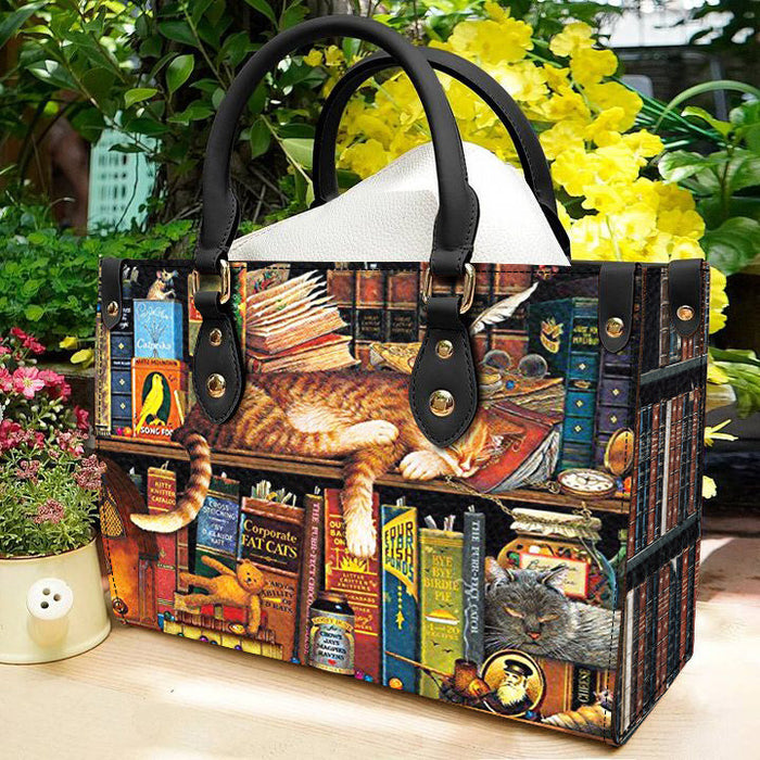 Cat And Book Leather Handbag Gift For Mom Mother'S Day Gift Ideas