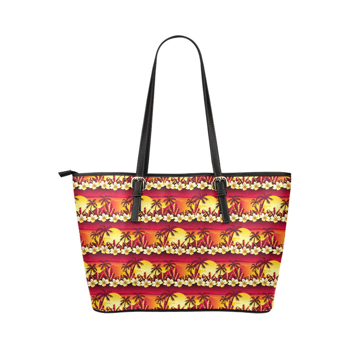 Hawaiian Tropical Sunset Hibiscus Print Leather Tote Bag
