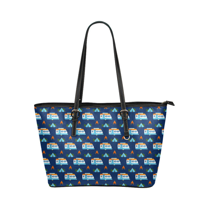 Camper Pattern Camping Themed No 3 Print Leather Tote Bag