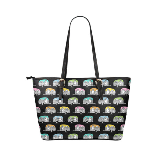 Camper Pattern Camping Themed No 2 Print Leather Tote Bag