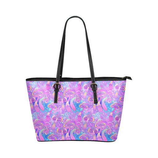 Psychedelic Trippy Mushroom Print Leather Tote Bag