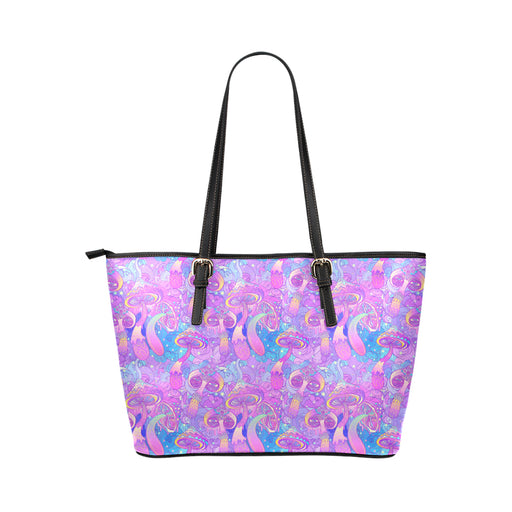 Psychedelic Trippy Mushroom Print Leather Tote Bag