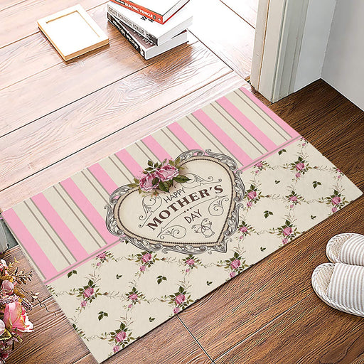 Low-Profile Plush Doormats Absorbent Kitchen Door�Mat Happy Mother's Day Love Pink Flowers Striped Retro Aristocratic Style Floor Rug for Living Room, Bathroom and Stand-up Desks Entryway Carpet