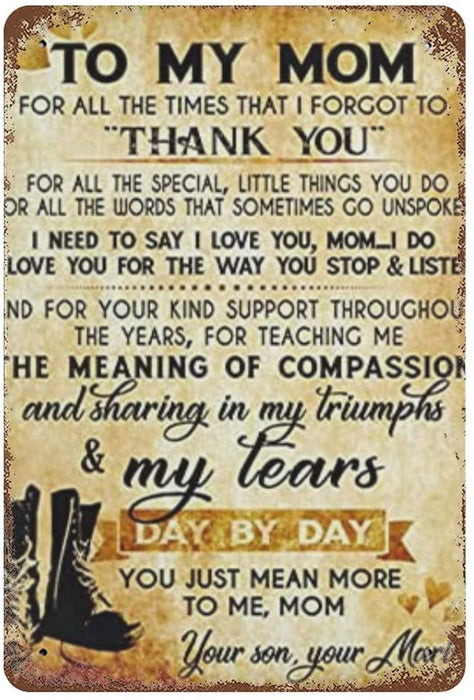 to My Mom Thank You for All The Special Little Things You Do Gift for Mom From Son Birthday Gift for Mom Print Wall ArtNovelty Tin Metal Sign Plaque Bar Pub Vintage Retro Wall Decor 5.5x8inch