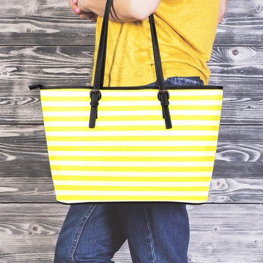 Yellow Striped Pattern Print Leather Tote Bag