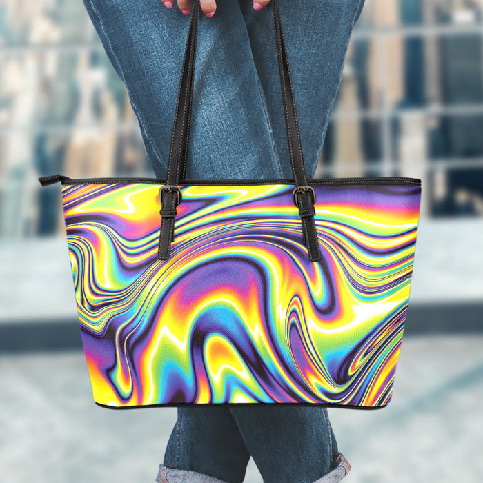Trippy Rave Print Leather Tote Bag
