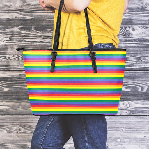 Rainbow Stripe Print Leather Tote Bag