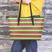 Rainbow Stripe Print Leather Tote Bag