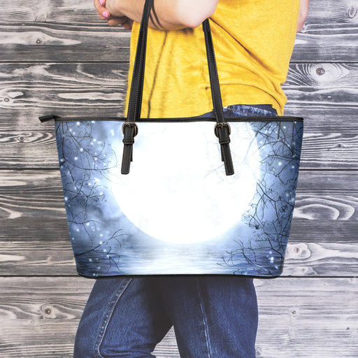 Halloween Moonlight Print Leather Tote Bag