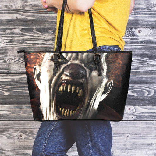 Halloween Clown Print Leather Tote Bag