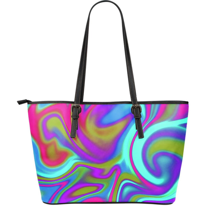 Neon Psychedelic Trippy Print Leather Tote Bag