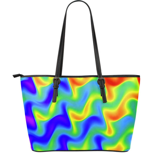 Rainbow Psychedelic Trippy Print Leather Tote Bag