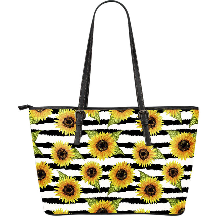 Sunflower Striped Pattern Print Leather Tote Bag