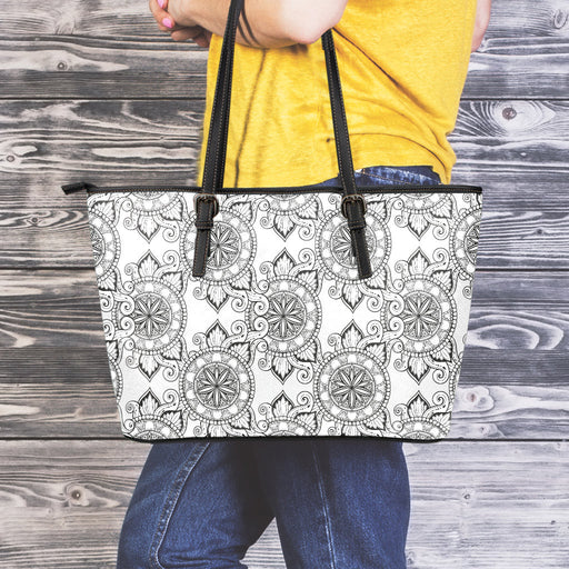 Zentangle Floral Pattern Print Leather Tote Bag