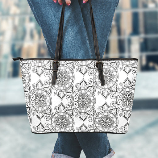 Zentangle Floral Pattern Print Leather Tote Bag