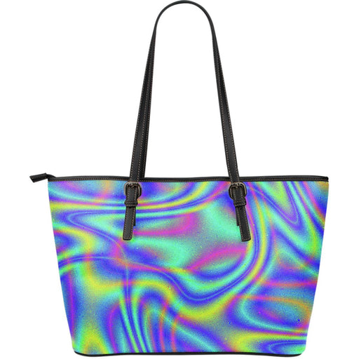 Turquoise Holographic Trippy Print Leather Tote Bag