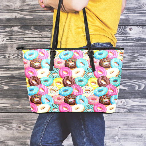 Yummy Donut Pattern Print Leather Tote Bag