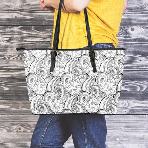 Zentangle Flower Pattern Print Leather Tote Bag