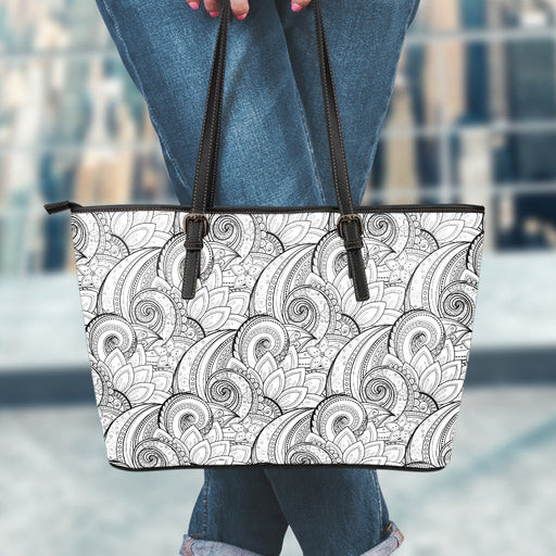 Zentangle Flower Pattern Print Leather Tote Bag