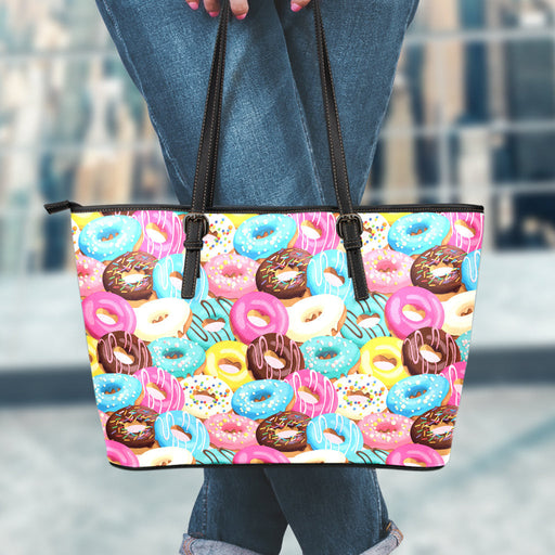 Yummy Donut Pattern Print Leather Tote Bag