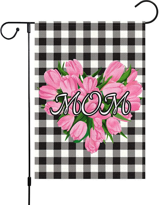 Louise Maelys Happy Mother's Day Floral Heart Garden Flag 12x18 Double Sided, Burlap Small Vertical Buffalo Plaid Flower Tulip Garden Yard Flags for Spring Outside Outdoor House Mothers Day Decoration (ONLY FLAG)