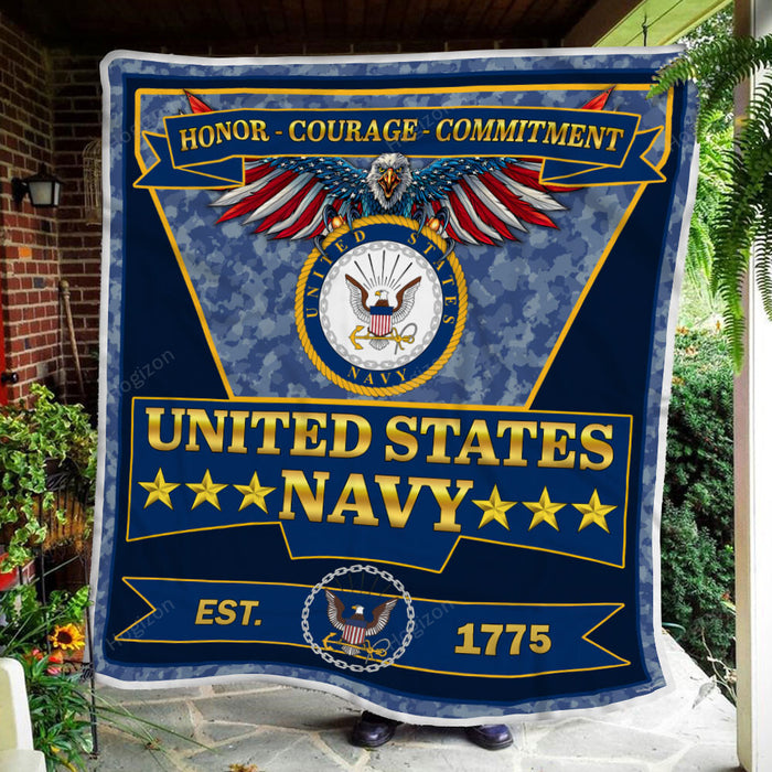 Honor, Courage And Commitment United States Navy Fleece Blanket For Soldier Veterans Memorial's Day Gift Ideas
