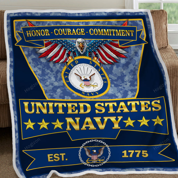 Honor, Courage And Commitment United States Navy Fleece Blanket For Soldier Veterans Memorial's Day Gift Ideas