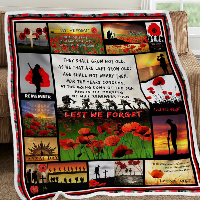Lest We Forget, Soldiers And Poppies  Fleece Blanket For Soldier Veterans Memorial's Day Gift Ideas
