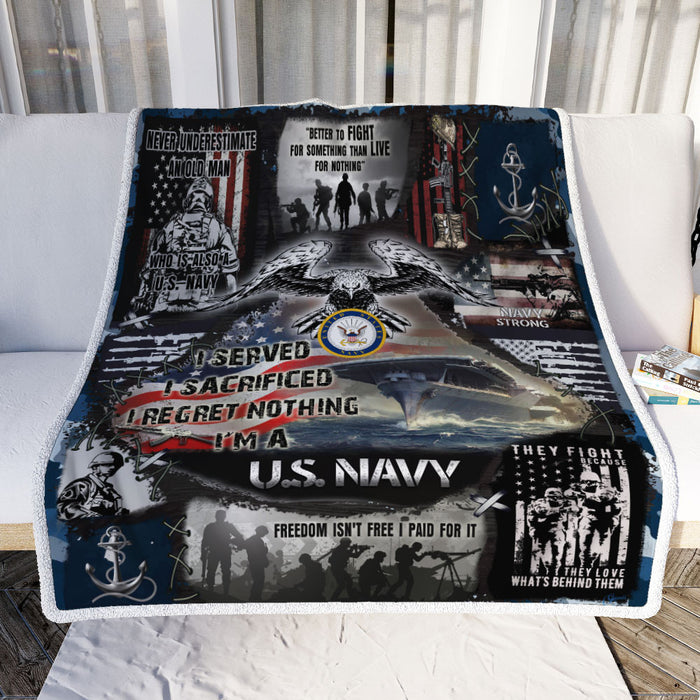 US Navy Veteran I Regret Nothing Fleece Blanket For Soldier Veterans Memorial's Day Gift Ideas