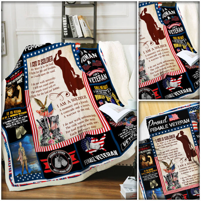 I Am A Soldier - Female Veteran  Fleece Blanket For Soldier Veterans Memorial's Day Gift Ideas