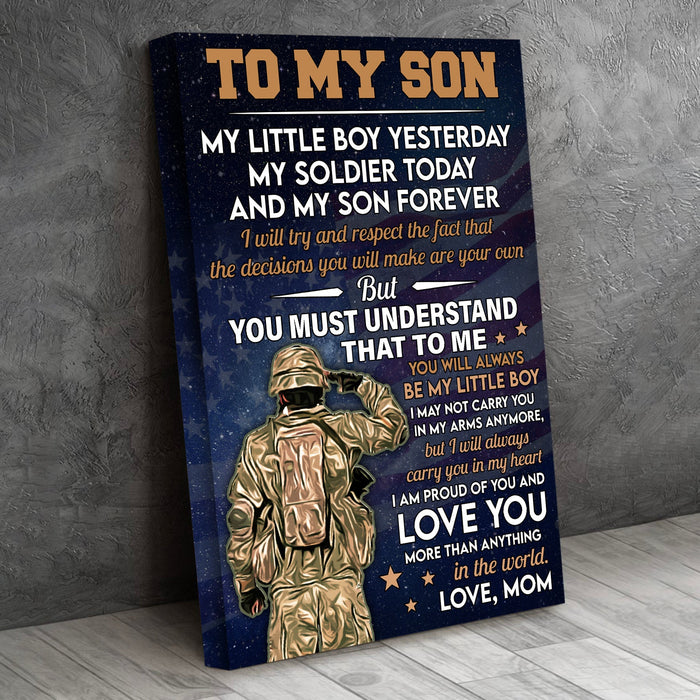 Veteran To My Son My Soldier Love From Mom Meaningful Thank You Us Military Canvas Wall Art For Soldier Veterans Memorial's Day Gift Ideas