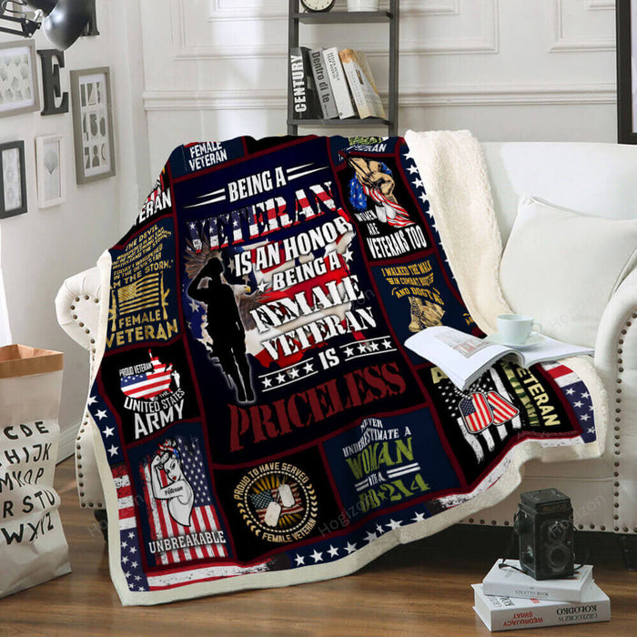 Female Veteran Fleece Blanket For Soldier Veterans Memorial's Day Gift Ideas