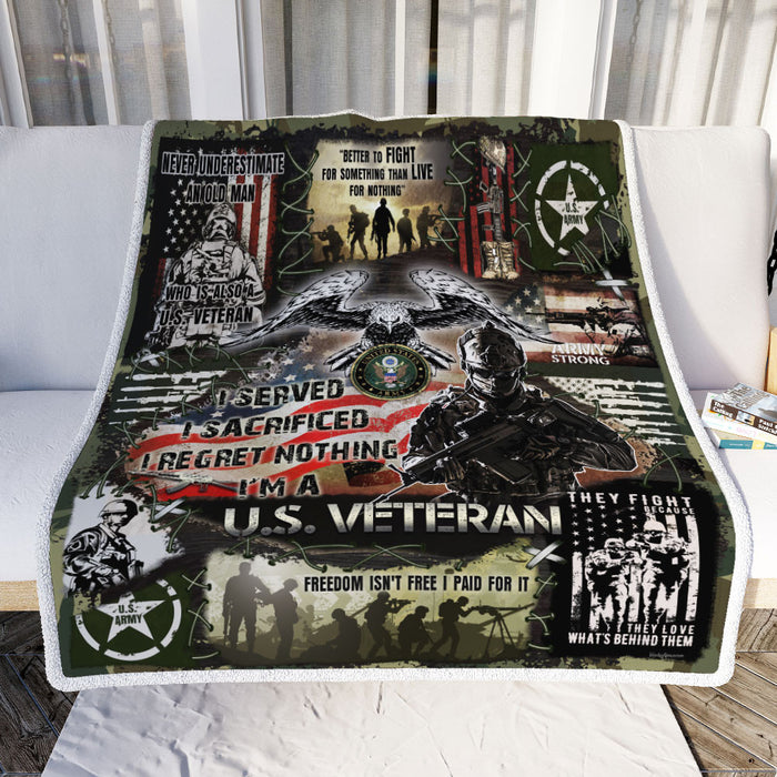 U.S. Army Veteran, I Regret Nothing Fleece Blanket For Soldier Veterans Memorial's Day Gift Ideas