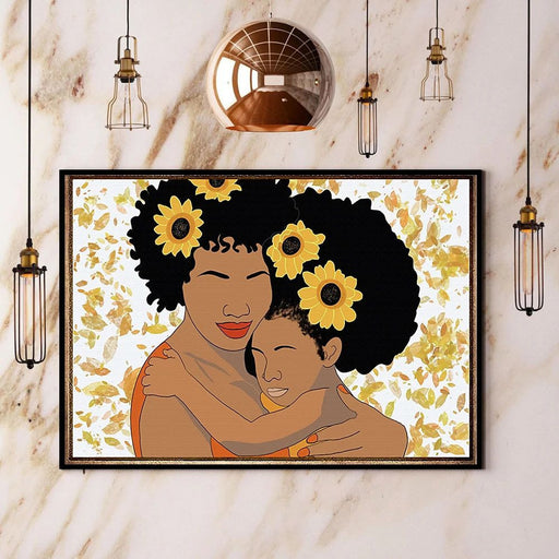 African black mom and daughter sunflower paper poster no frame/ wrapped canvas wall decor full size