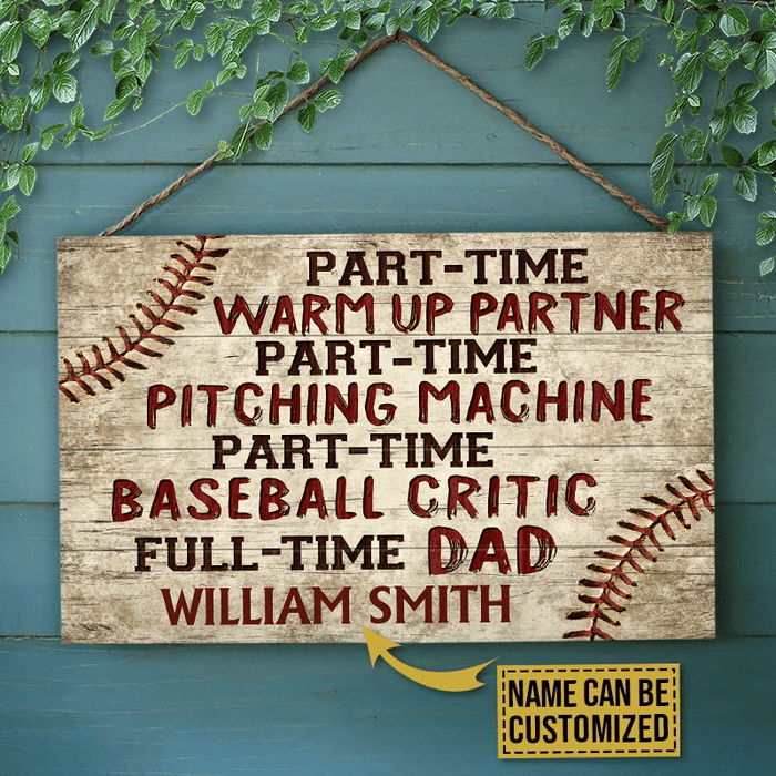 Personalized Baseball Full Time Dad Customized Wood Rectangle Sign