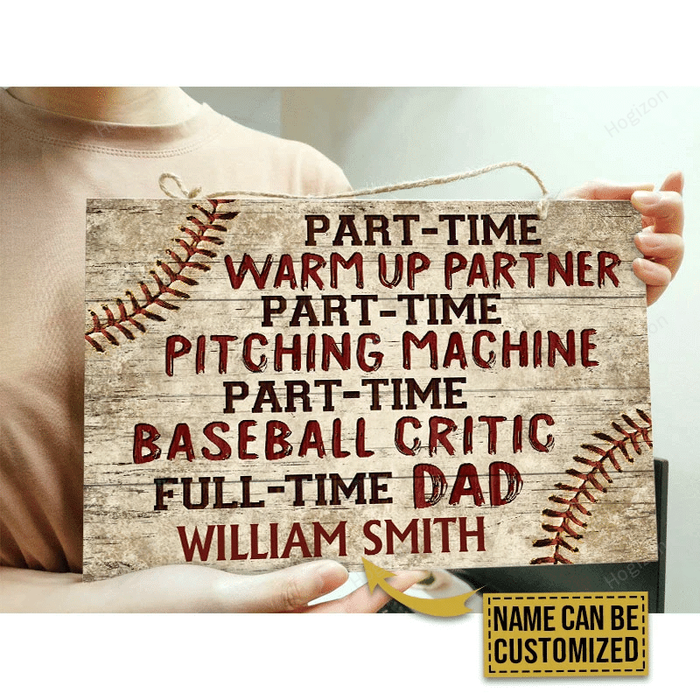 Personalized Baseball Full Time Dad Customized Wood Rectangle Sign