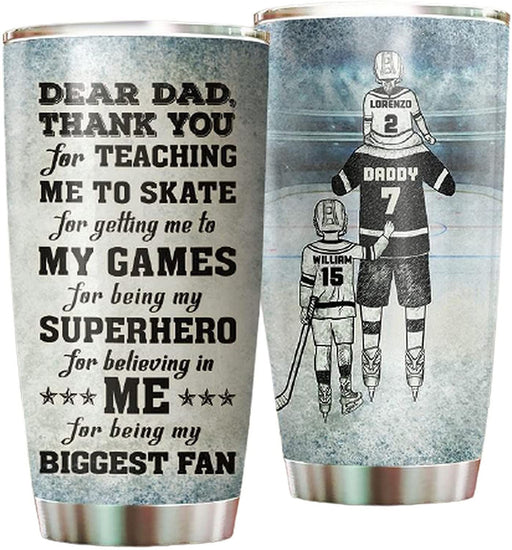 Personalized Stainless Steel Tumblers 20Oz, 30Oz With Lid - Hockey Dad And Child Thank You Tumbler Cup with Lid, Double Wall Vacuum Thermos Insulated, Gifts For Women, Men, Christmas, Birthday ZDT2005