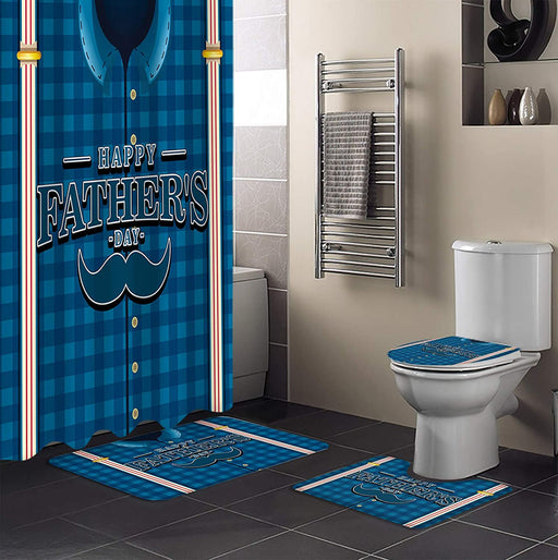 Blue Checked Background Bathroom Mat Set And Shower Curtain Gift For Dad Gift For Father Father's Day Gift Ideas