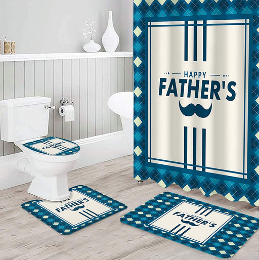 Blue Tartan Pattern Bathroom Mat Set And Shower Curtain Gift For Dad Gift For Father Father's Day Gift Ideas