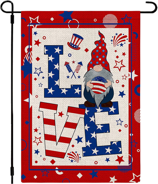 Whaline 4th of July Garden Flag Patriotic Cartoon Gnome Yard Red Blue Flag Stars and Stripes Love Holiday Flag Double-Sided Burlap Outdoor Flag for Independence Day Memorial Day Lawn Patio Decoration