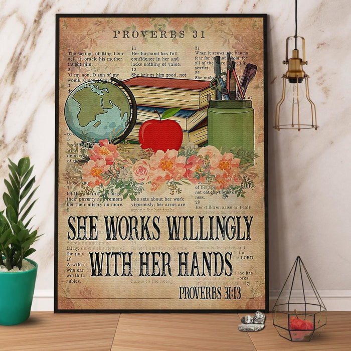 She Works Willingly With Her Hands Canvas Gift For Teacher Back To School Gift Ideas