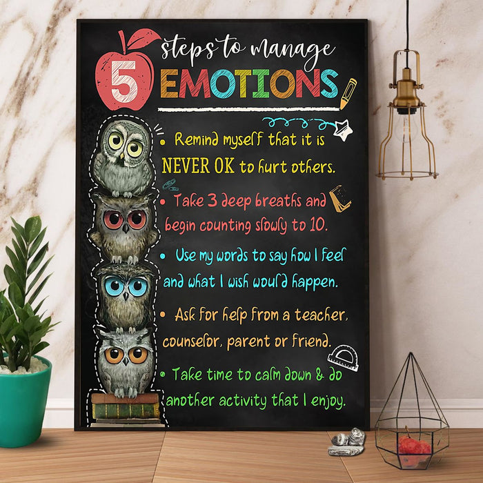 Owl Teacher 5 Ways To Manage Emotions Canvas Gift For Teacher Back To School Gift Ideas