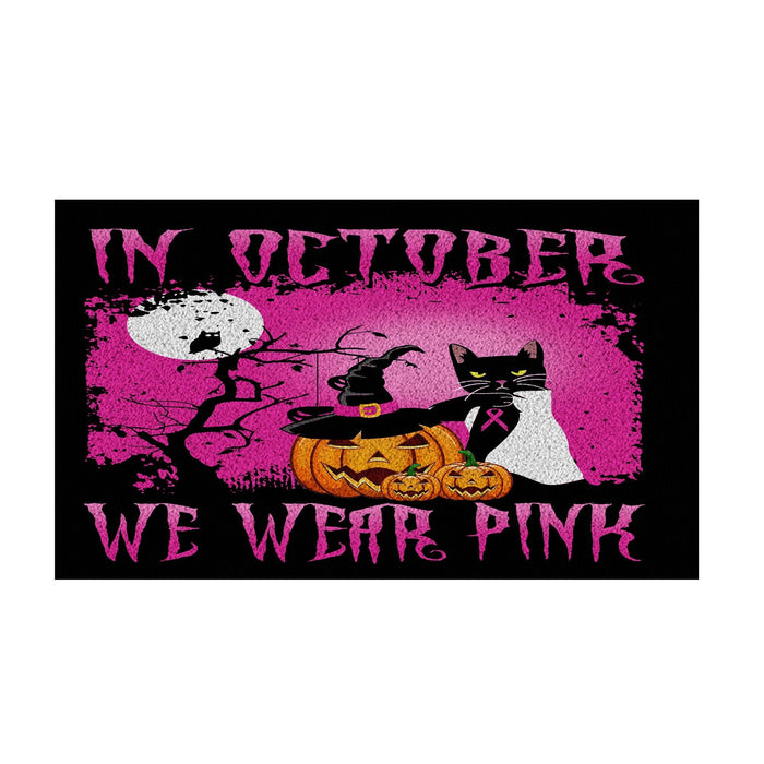 Black Cat In October We Wear Pink Doormat Halloween Gift Ideas