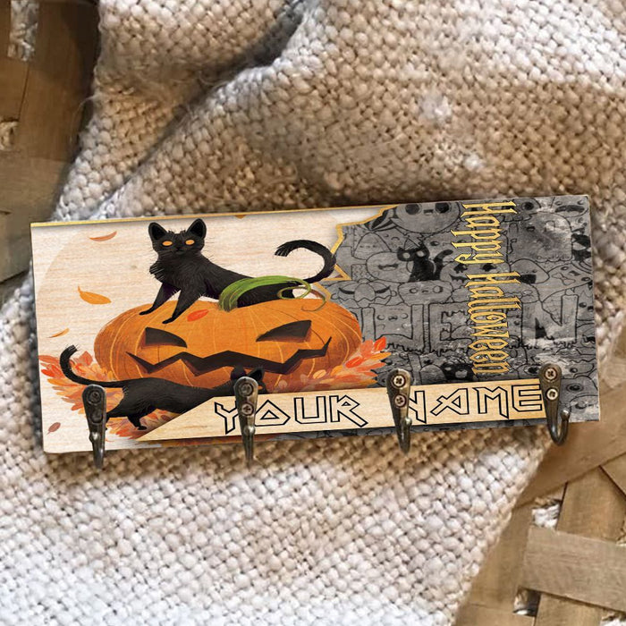 Black Cat And Pumpkin Wooden Key Hook Key Holder Halloween Gift Ideas