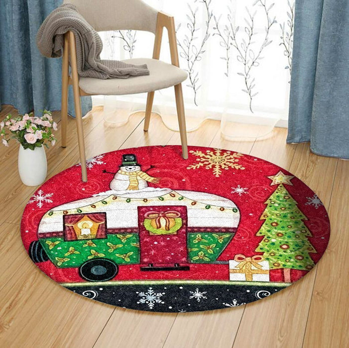 Merry Christmas Camper And Snowman Round Rug Christmas Gift Ideas
