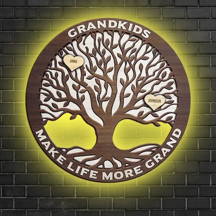 Grandkids Make Life More Grand - Gift For Mom, Grandma - Custom Wooden Sign with LED