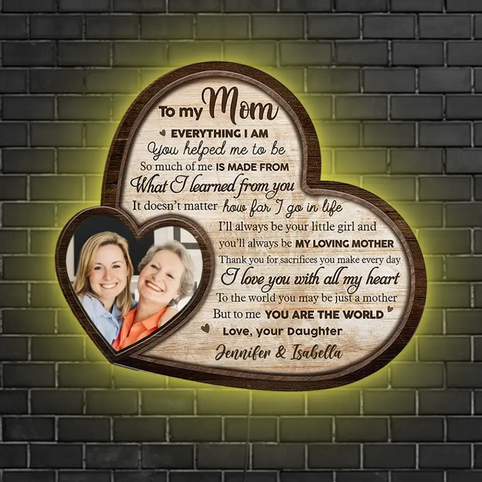 To My Mom I Love You With All My Heart - Upload Image, Gift For Mom - Custom Wooden Sign with LED